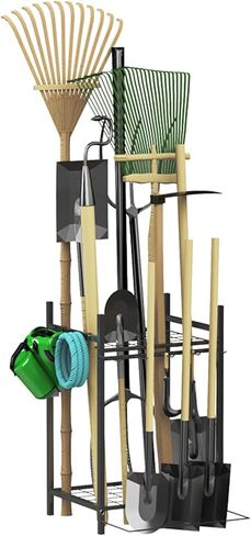 Garden Tool Organizer for Garage, Utility Storage Racks with Hooks, Metal Yard Tool Stand Holder Organizer for Long-Handled, Broom, Shovel, Rake, Sturdy Heavy Rack for Outdoor, Yard, Black in Kuwait