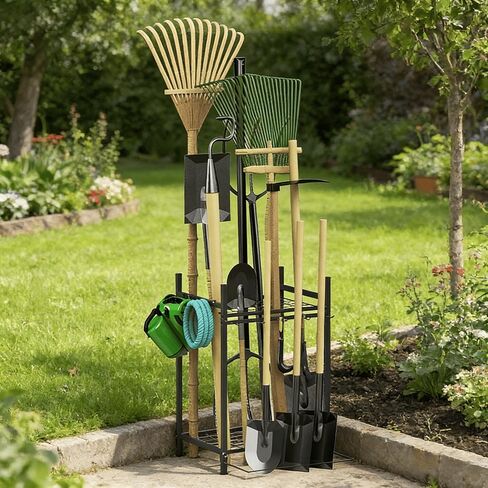 Garden Tool Organizer for Garage, Utility Storage Racks with Hooks, Metal Yard Tool Stand Holder Organizer for Long-Handled, Broom, Shovel, Rake, Sturdy Heavy Rack for Outdoor, Yard, Black in Kuwait