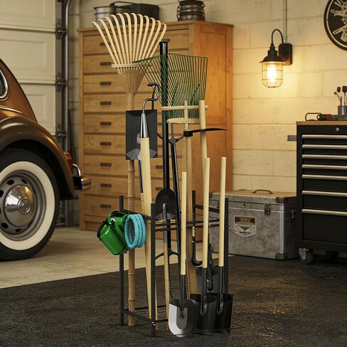 Garden Tool Organizer for Garage, Utility Storage Racks with Hooks, Metal Yard Tool Stand Holder Organizer for Long-Handled, Broom, Shovel, Rake, Sturdy Heavy Rack for Outdoor, Yard, Black in Kuwait