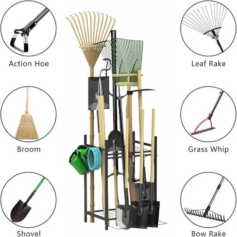 Garden Tool Organizer for Garage, Utility Storage Racks with Hooks, Metal Yard Tool Stand Holder Organizer for Long-Handled, Broom, Shovel, Rake, Sturdy Heavy Rack for Outdoor, Yard, Black in Kuwait