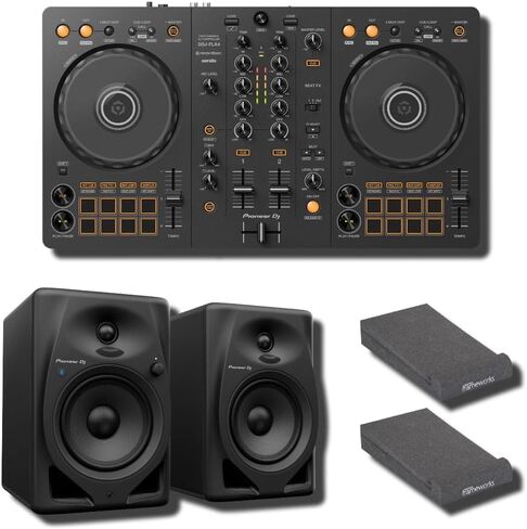 حزمة وحدة تحكم DJ Pioneer DDJ-FLX4 مع شاشات سطح مكتب Pioneer DM-50D-BT Bluetooth ووسادات عزل Gator - متضمنة rekordbox وSerato، صوت لاسلكي aptX منخفض الكمون in Kuwait