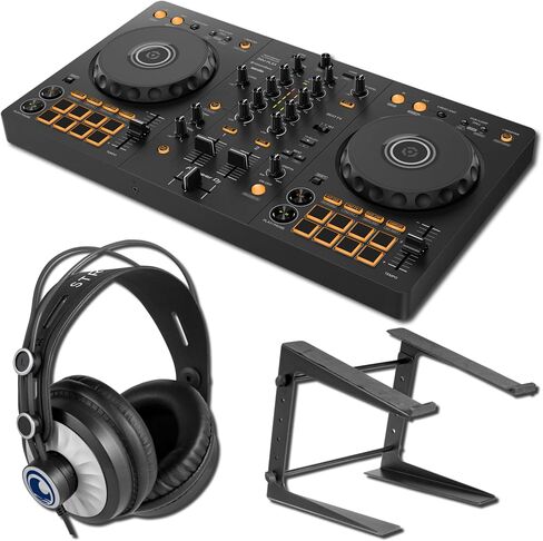 حزمة وحدة تحكم DJ Pioneer DDJ-FLX4 مع سماعات رأس StreamEye Cans50 Studio وحامل الكمبيوتر المحمول On-Stage LPT5000 - متضمن rekordbox وSerato، يعمل بحافلة USB in Kuwait