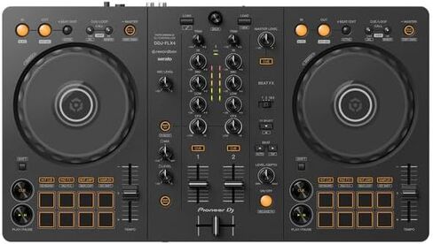 حزمة وحدة تحكم DJ Pioneer DDJ-FLX4 مع سماعات رأس StreamEye Cans50 Studio وحامل الكمبيوتر المحمول On-Stage LPT5000 - متضمن rekordbox وSerato، يعمل بحافلة USB in Kuwait