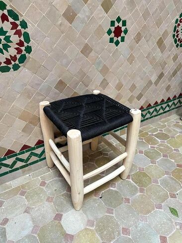 Moroccan Handwoven Stool, Natural Wood Footstool with Black Woven Cotton Seat, Bohemian Rustic Small Ottoman Bench for Living Room Bedroom Bathroom in Kuwait