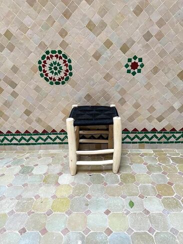 Moroccan Handwoven Stool, Natural Wood Footstool with Black Woven Cotton Seat, Bohemian Rustic Small Ottoman Bench for Living Room Bedroom Bathroom in Kuwait