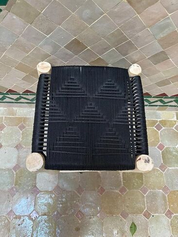 Moroccan Handwoven Stool, Natural Wood Footstool with Black Woven Cotton Seat, Bohemian Rustic Small Ottoman Bench for Living Room Bedroom Bathroom in Kuwait