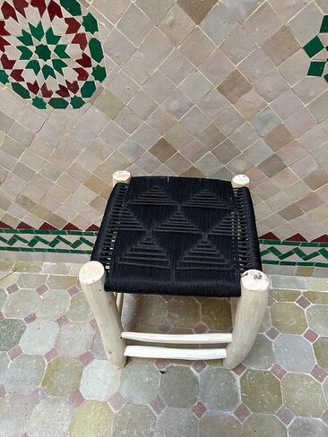 Moroccan Handwoven Stool, Natural Wood Footstool with Black Woven Cotton Seat, Bohemian Rustic Small Ottoman Bench for Living Room Bedroom Bathroom in Kuwait