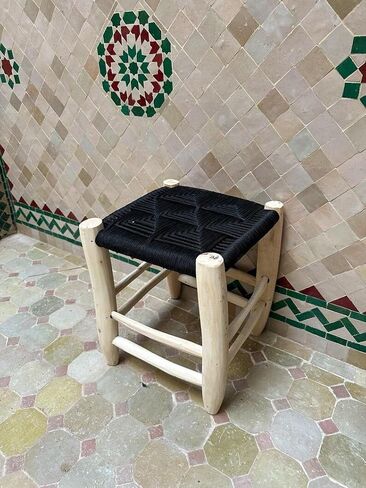 Moroccan Handwoven Stool, Natural Wood Footstool with Black Woven Cotton Seat, Bohemian Rustic Small Ottoman Bench for Living Room Bedroom Bathroom in Kuwait