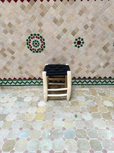 Moroccan Handwoven Stool, Natural Wood Footstool with Black Woven Cotton Seat, Bohemian Rustic Small Ottoman Bench for Living Room Bedroom Bathroom in Kuwait
