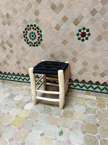 Moroccan Handwoven Stool, Natural Wood Footstool with Black Woven Cotton Seat, Bohemian Rustic Small Ottoman Bench for Living Room Bedroom Bathroom in Kuwait