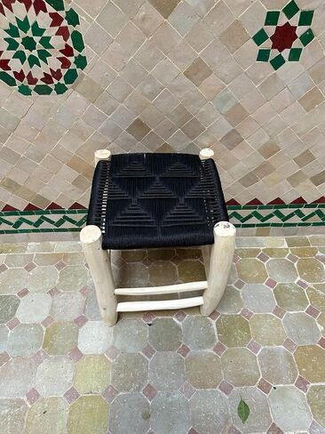 Moroccan Handwoven Stool, Natural Wood Footstool with Black Woven Cotton Seat, Bohemian Rustic Small Ottoman Bench for Living Room Bedroom Bathroom in Kuwait
