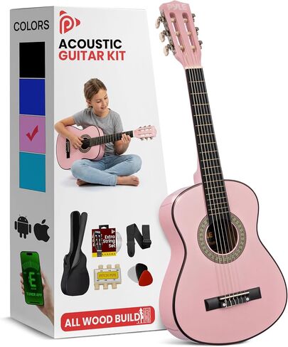 Pyle 30-Inch Beginner Acoustic Guitar Kit, 6-String Classical Style Travel Guitar for Kids & Adults - Includes Shoulder Strap, Strings, Picks, Tuning Pitch Pipe & Storage Gig Bag, Handcrafted Wood in Kuwait