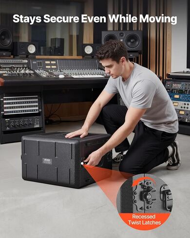 VEVOR 6U Rack Case, 15 in Depth, Rackmount Flight Case Shallow Rack with Microphone Compartments, Polyethylene Construction, Recessed Latches, Easy Installation, for Amplifier, 13.8 in Internal Depth in Kuwait