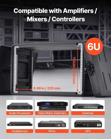 VEVOR 6U Rack Case، عمق 12 بوصة، حامل الطيران الضحل مع حجرة الميكروفون، هيكل من البولي إيثيلين، مزالج غائرة، سهل التركيب، لمكبر الصوت، 8.7 بوصة عمق داخلي in Kuwait