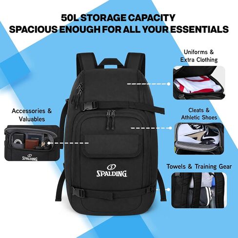 Spalding 50L Sports Tournament Backpack – Waterproof Gear Bag with Shoe Storage Compartment for Basketball, Soccer, Baseball, Pickleball, Travel & Team Equipment Backpack for Athletes, Men & Women in Kuwait