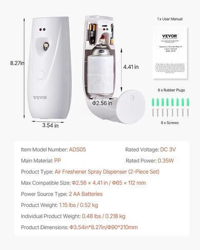 موزع رذاذ معطر هواء أوتوماتيكي من VEVOR، 4 عبوات، مثبت على الحائط أو قائم بذاته، يعمل بالبطارية، إعدادات زمنية متعددة للمنزل، الداخلي، الحمامات، المكاتب، الفنادق، الأماكن التجارية، أبيض in Kuwait