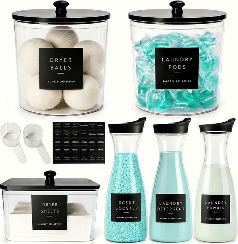 6 Pack Laundry Pods Containers & Dryer Sheet Holder & Laundry Detergent Dispenser, Laundry Room Organization and Storage Jars with Lids, Labels and Scoops for Scent Booster, Powder, Pods in Kuwait