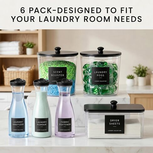 6 Pack Laundry Pods Containers & Dryer Sheet Holder & Laundry Detergent Dispenser, Laundry Room Organization and Storage Jars with Lids, Labels and Scoops for Scent Booster, Powder, Pods in Kuwait
