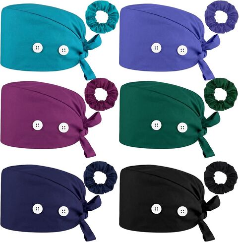 6 Pcs Scrub Caps Women Men, Hats with Buttons and Adjustable Tie for Home Kitchen Hair Salons Use in Kuwait