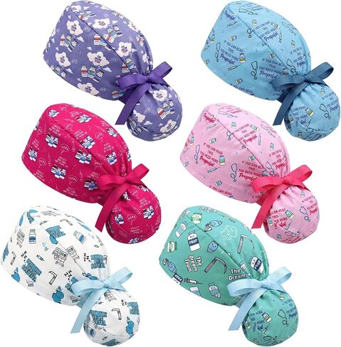 6 Pcs Anesthesia Scrub Caps for Women Nurse Caps Anesthesiologist Surgical Hat Adjustable Elastic Anesthesia Themed Ponytail Working Hat for Nurse Appreciation Gifts for CRNA CNA RN LPN in Kuwait
