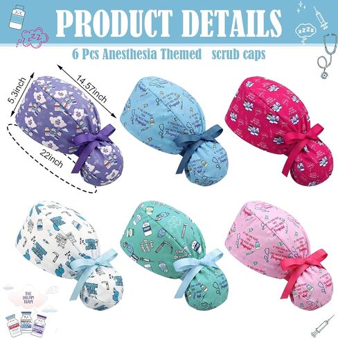 6 Pcs Anesthesia Scrub Caps for Women Nurse Caps Anesthesiologist Surgical Hat Adjustable Elastic Anesthesia Themed Ponytail Working Hat for Nurse Appreciation Gifts for CRNA CNA RN LPN in Kuwait
