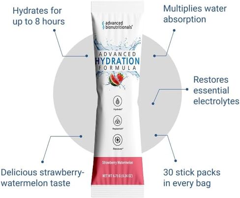 Advanced Bionutritionals Advanced Hydration Formula Electrolyte Drink Mix Powder with ElectroPrime®, L-Taurine, TyroPure™, B-Vitamins, Vitamin C – Strawberry Watermelon – 30 Stick Packs in Kuwait
