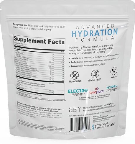 Advanced Bionutritionals Advanced Hydration Formula Electrolyte Drink Mix Powder with ElectroPrime®, L-Taurine, TyroPure™, B-Vitamins, Vitamin C – Strawberry Watermelon – 30 Stick Packs in Kuwait