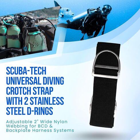 حزام المنشعب للغوص العالمي من Scuba Tech مع حلقات على شكل حرف D من الفولاذ المقاوم للصدأ مقاس 2 بوصة - حزام متين مقاس 50 بوصة مع حلقة مخيطة وشرائح شريطية لملاءمة آمنة - سهل التركيب لـ BCD ومعدات الغوص - أسود in Kuwait