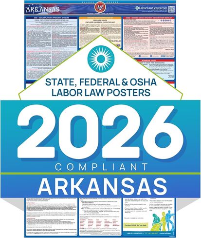 Arkansas 2026 Labor Law Poster – State & Federal Compliance – OSHA, EEOC, FMLA, Minimum Wage – Durable, Laminated & Waterproof Workplace Employment Poster – Made in USA – 26" x 39.5", 2-Pack in Kuwait