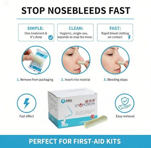 Stopleedin Nasal Sponge for Nosebleed Control, Chitosan Hemostatic Nasal Dressing with Rapid Bleeding Control, Sterile, Individually Wrapped, 4 Pieces per Box in Kuwait