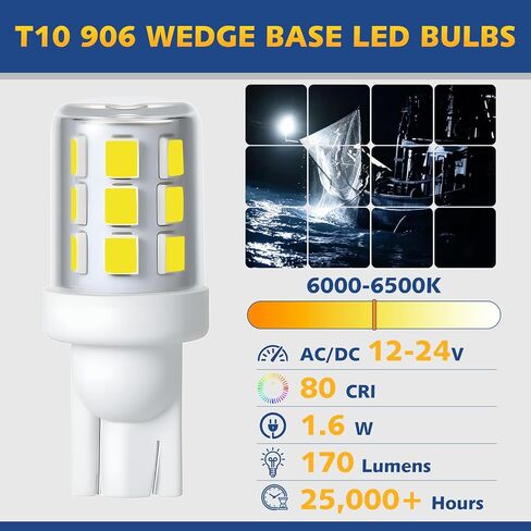 T10 إسفين قاعدة قارب ضوء LED لمبة 12-24V، 6000K الأبيض أضواء الملاحة البحرية استبدال لمرساة صارمة الداخلية جميع جولة Masthead مقطورة ضوء سطح السفينة، يناسب قوارب عائمة المراكب الشراعية كاياك (2PCS) in Saudi Arabia
