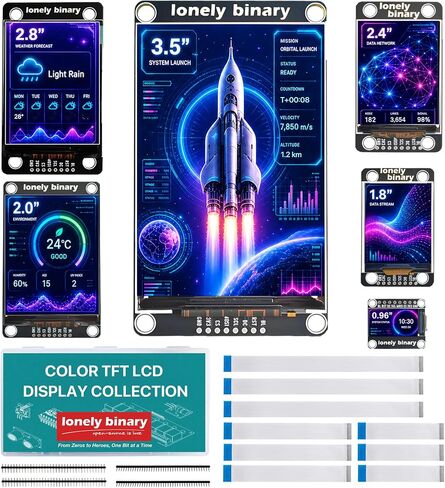 مجموعة عرض Lonely Binary مكونة من 6 قطع SPI TFT LCD مقاس 0.96 بوصة - 3.5 بوصة لوحدات MCU 3.3 فولت | 9 كابلات FPC غير ملحومة، ورؤوس الدبوس والعلبة؛ شاشات ملونة لـ ESP32 وRaspberry Pi Pico وSTM32؛ وشملت الدروس in Kuwait