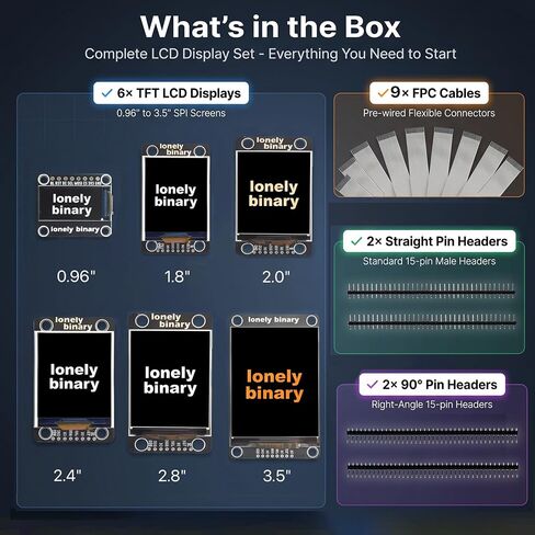 مجموعة عرض Lonely Binary مكونة من 6 قطع SPI TFT LCD مقاس 0.96 بوصة - 3.5 بوصة لوحدات MCU 3.3 فولت | 9 كابلات FPC غير ملحومة، ورؤوس الدبوس والعلبة؛ شاشات ملونة لـ ESP32 وRaspberry Pi Pico وSTM32؛ وشملت الدروس in Kuwait