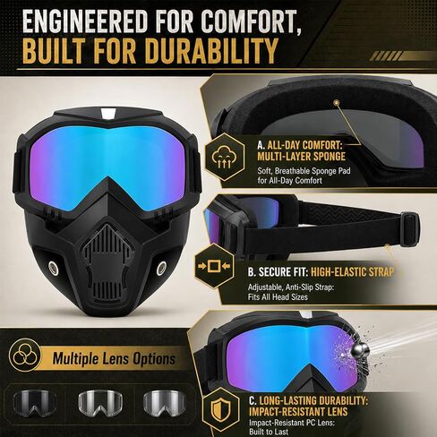 Detachable Full Face Goggle Mask, 2026New Riding and Cutting, Anti-UV, Dust, Fog HD Lens, Large Viewing Hood， Protective Impact Resistant SafetyGlasse in Kuwait