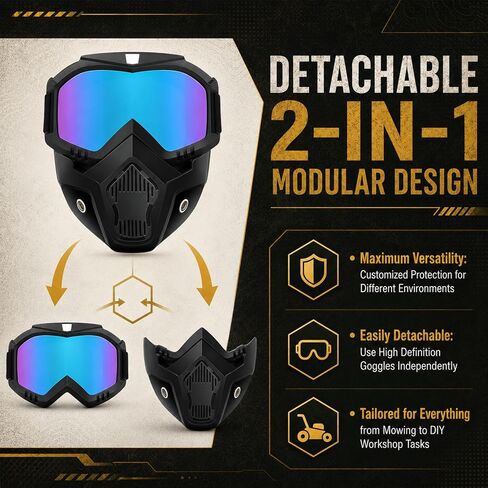 Detachable Full Face Goggle Mask, 2026New Riding and Cutting, Anti-UV, Dust, Fog HD Lens, Large Viewing Hood， Protective Impact Resistant SafetyGlasse in Kuwait