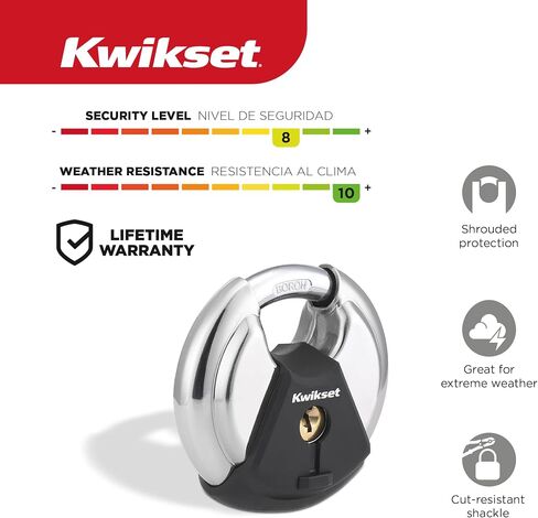 قفل قرص kwikset مع تكبل من كربيد البورون، تخزين خارجي عالي الأمان وقفل بوابة، هيكل 2-3/4 بوصة، عبوة واحدة، فضي in Kuwait