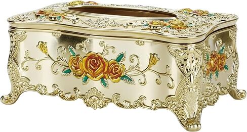 European Golden Tissue Box, Ornate Embossed Paper Towel Dispenser with Rose Pattern, KTV Tissue Holder, Napkin Box for Car, Home, Hotel, Yellow Flower, 9.1 x 4.9 in / 23 x 12.5 cm in Kuwait