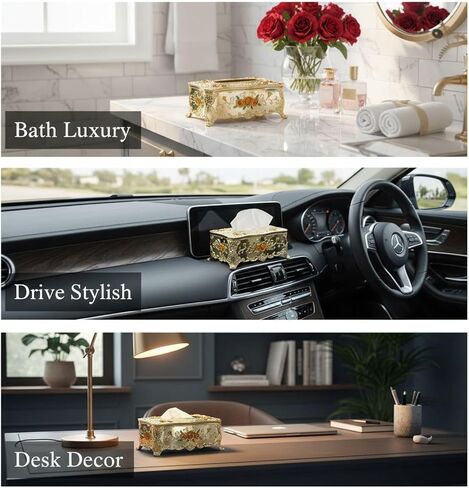 European Golden Tissue Box, Ornate Embossed Paper Towel Dispenser with Rose Pattern, KTV Tissue Holder, Napkin Box for Car, Home, Hotel, Yellow Flower, 9.1 x 4.9 in / 23 x 12.5 cm in Kuwait
