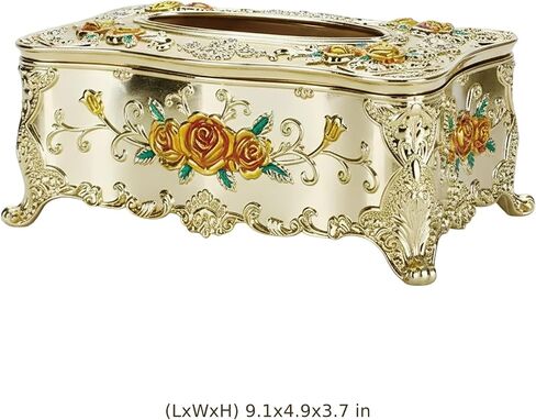 European Golden Tissue Box, Ornate Embossed Paper Towel Dispenser with Rose Pattern, KTV Tissue Holder, Napkin Box for Car, Home, Hotel, Yellow Flower, 9.1 x 4.9 in / 23 x 12.5 cm in Kuwait