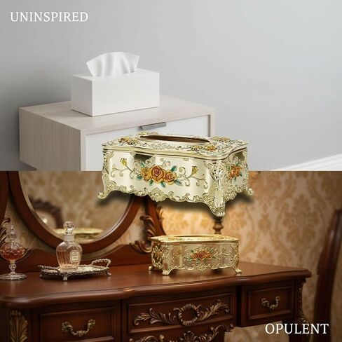 European Golden Tissue Box, Ornate Embossed Paper Towel Dispenser with Rose Pattern, KTV Tissue Holder, Napkin Box for Car, Home, Hotel, Yellow Flower, 9.1 x 4.9 in / 23 x 12.5 cm in Kuwait