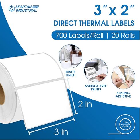 Spartan Industrial - 3" X 2" Direct Thermal Labels (14000 Count, 20 Rolls) - Perforated Product Price Barcode Stickers for Packaging and Shipping Labels - Compatible with Zebra and Rollo Printers in Kuwait