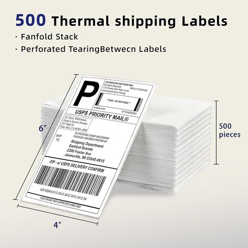 ملصقات حرارية مقاس 4 × 6 بوصات، 1000 ملصق قابل للطي، لاصق قوي، طباعة واضحة، متوافقة مع معظم الطابعات الحرارية المباشرة in Kuwait