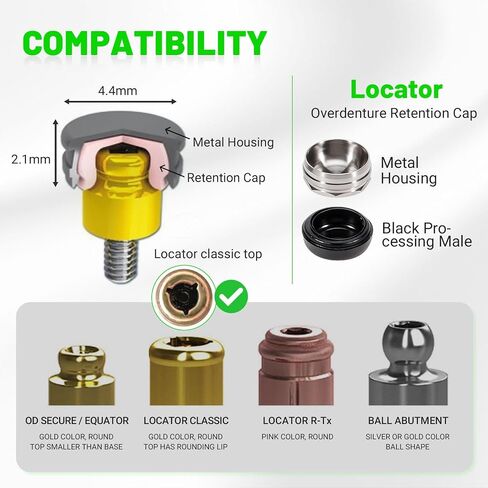 LEAPTREND Implant Tooth Locator Core Tool, Universal Dental Instrument (Golden) with Metal Housing & Lab Cap Assembly (6 Pk), 3 Tools in 1 for Overdenture Retention Male Caps Removal and Insertion in Kuwait