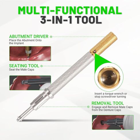 LEAPTREND Implant Tooth Locator Core Tool, Universal Dental Instrument (Golden) with Metal Housing & Lab Cap Assembly (6 Pk), 3 Tools in 1 for Overdenture Retention Male Caps Removal and Insertion in Kuwait