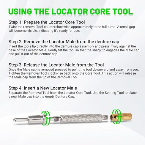 LEAPTREND Implant Tooth Locator Core Tool, Universal Dental Instrument (Golden) with Metal Housing & Lab Cap Assembly (6 Pk), 3 Tools in 1 for Overdenture Retention Male Caps Removal and Insertion in Kuwait