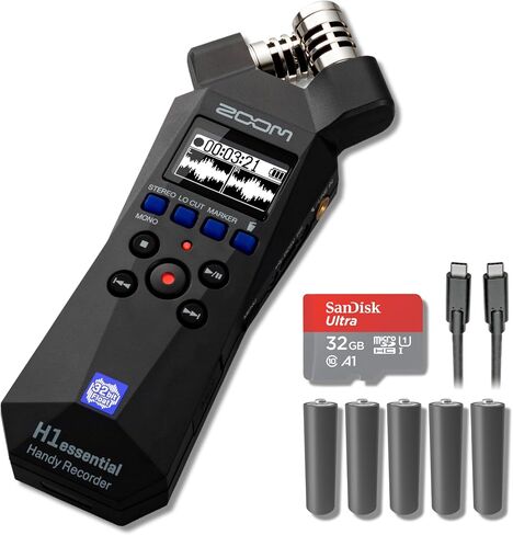 Zoom H1essential 32-Bit Float Handheld Recorder Bundle with 6-Ft USB-C Cable, 32GB microSDHC Card, and 10 AAA Batteries — Stereo X/Y USB Mic for Podcasting, Voice Over, Streaming, Music Demos in Kuwait