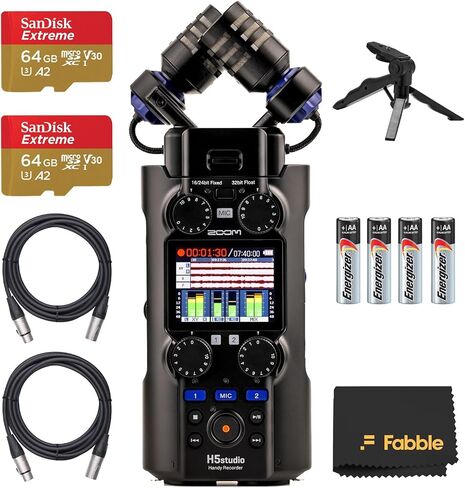 حزمة تسجيل Zoom H5 Studio المحمولة مع بطاقتي MicroSD بسعة 64 جيجابايت، وكابلات XLR بطول 10 أقدام، و4 بطاريات AA، ومقبض يد ثلاثي القوائم للطاولة - حزمة استوديو تسجيل الصوت الكاملة in Kuwait