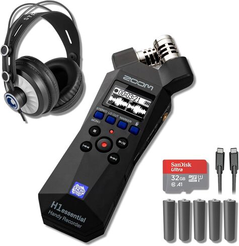 Zoom H1essential 32-Bit Float Handheld Recorder Bundle with 6-Ft USB-C Cable, 32GB microSDHC Card, and 10 AAA Batteries — Stereo X/Y USB Mic for Podcasting, Voice Over, Streaming, Music Demos in Kuwait