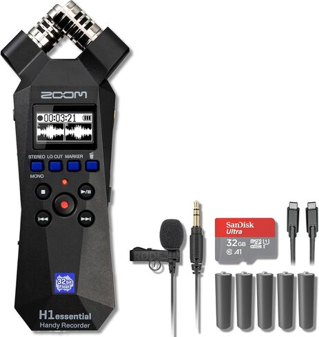 Zoom H1essential 32-Bit Float Handheld Recorder Bundle with 6-Ft USB-C Cable, 32GB microSDHC Card, and 10 AAA Batteries — Stereo X/Y USB Mic for Podcasting, Voice Over, Streaming, Music Demos in Kuwait