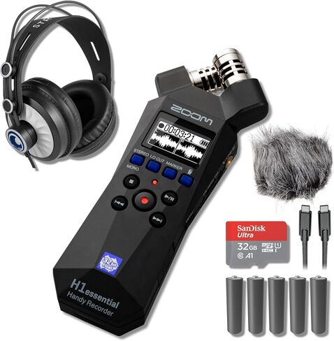 Zoom H1essential 32-Bit Float Handheld Recorder Bundle with 6-Ft USB-C Cable, 32GB microSDHC Card, and 10 AAA Batteries — Stereo X/Y USB Mic for Podcasting, Voice Over, Streaming, Music Demos in Kuwait